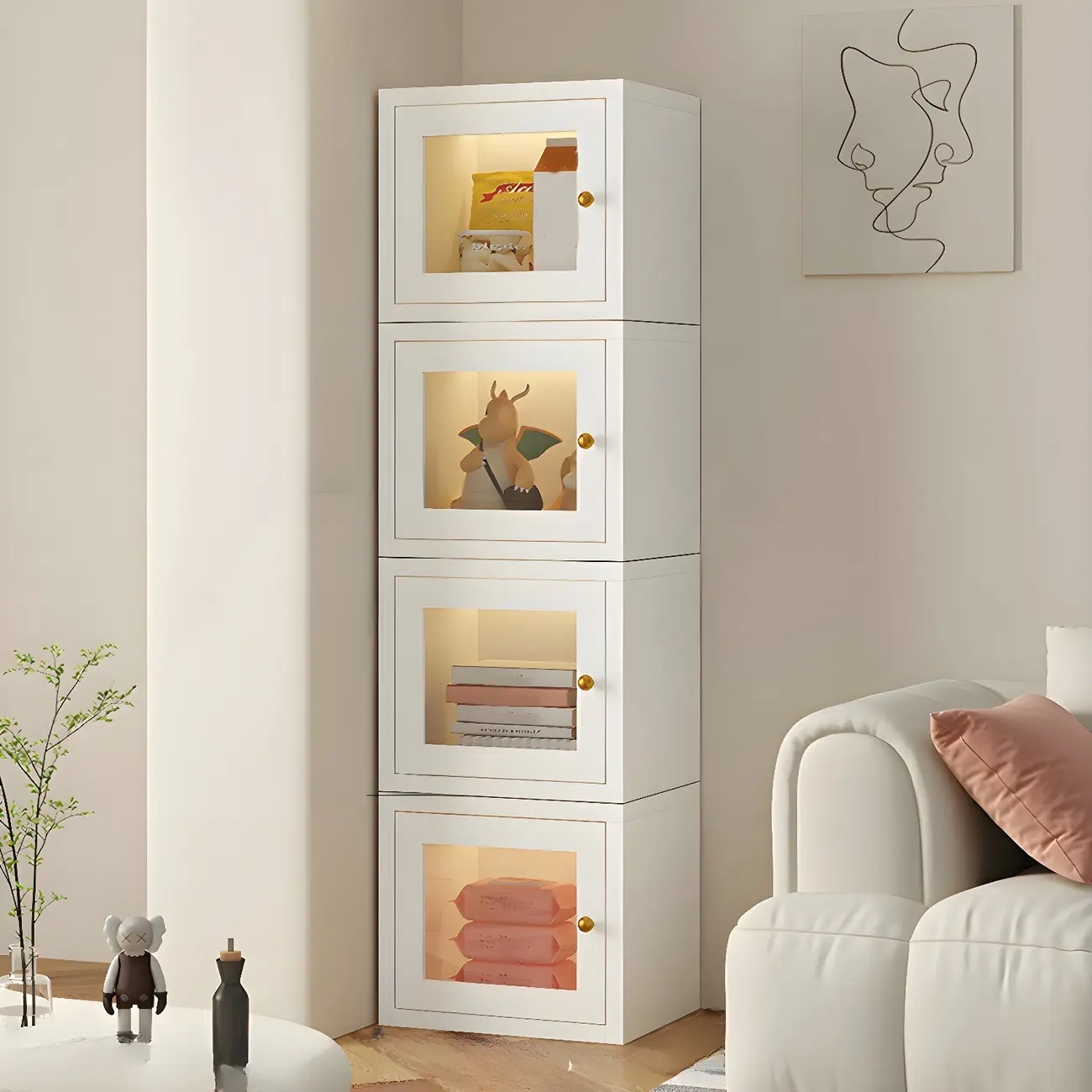 Modern Metal White Stackable Display Cabinet with Glass Door Image - 7 | homeyfad