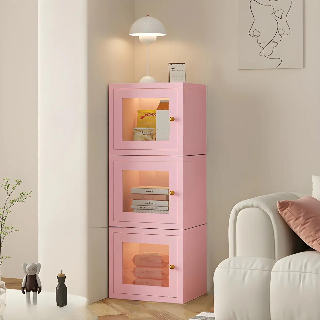 Modern Metal White Stackable Display Cabinet with Glass Door Image - 11 | homeyfad