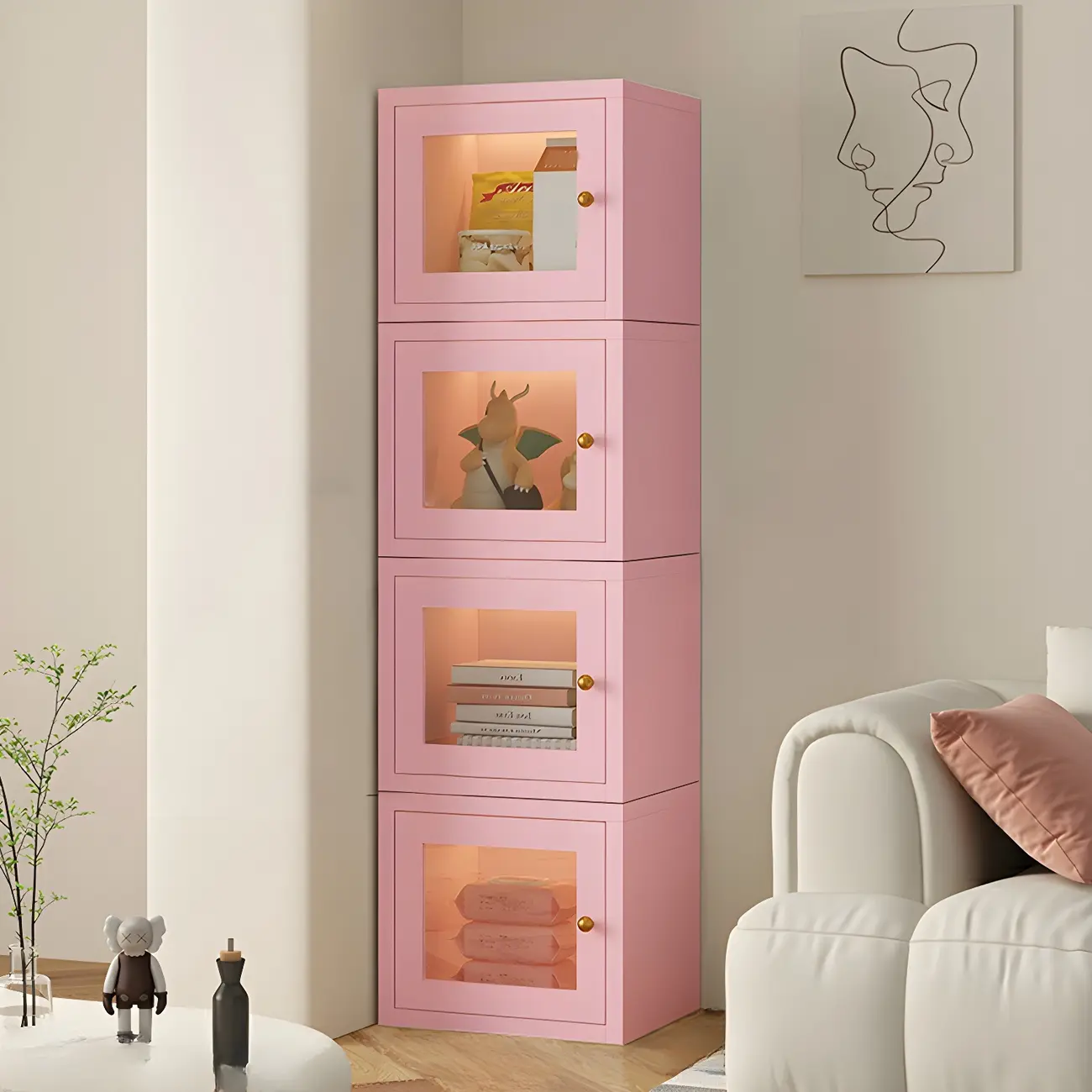 Modern Metal White Stackable Display Cabinet with Glass Door Image - 13 | homeyfad