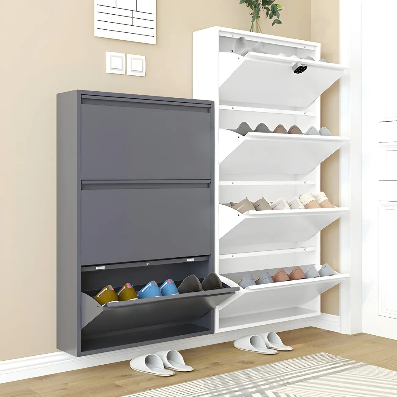 Grey/White Metal Wall Mounted Shoe Storage Cabinet Image - 1