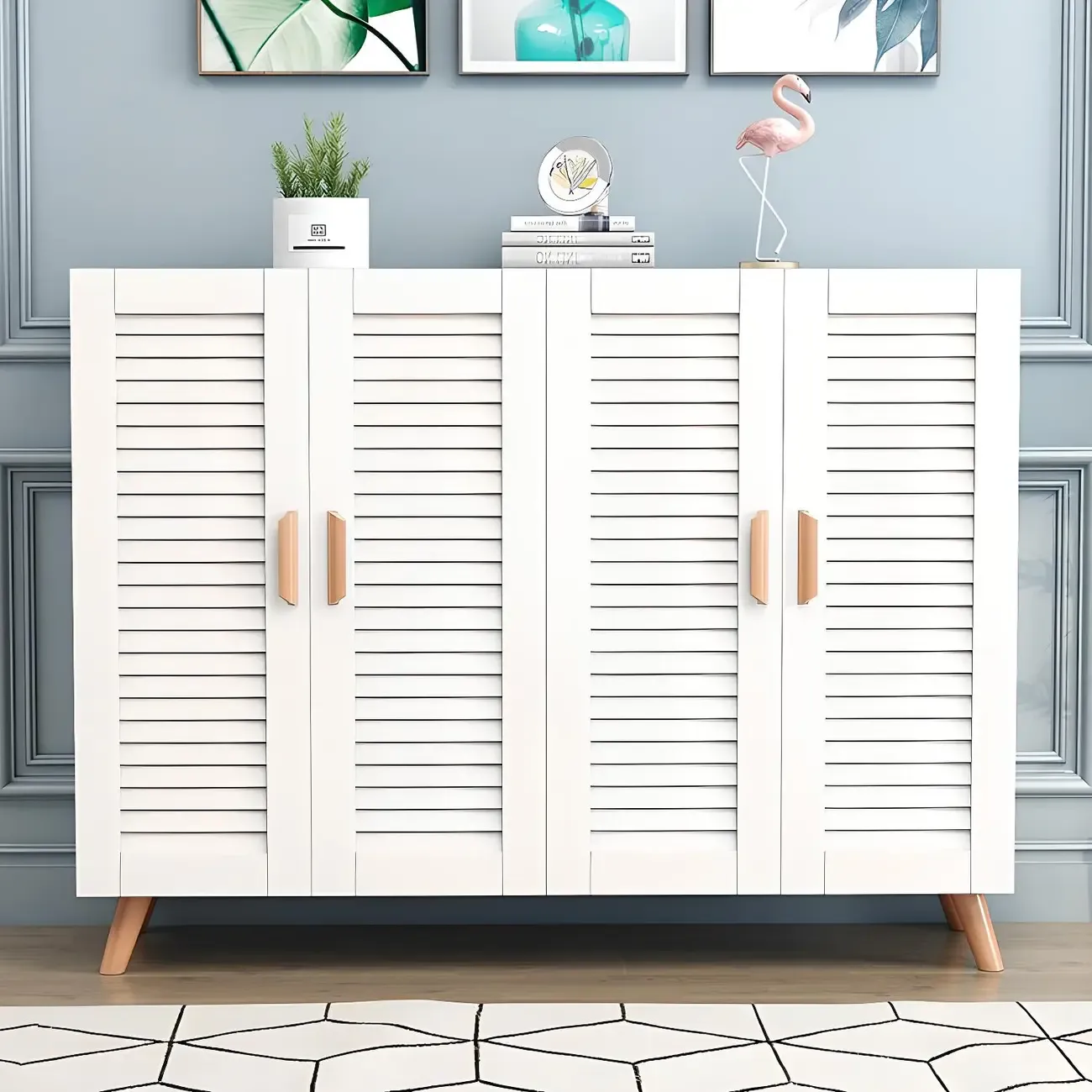 White Louvered Solid Wood Shoe Cabinet for Entryway Image - 1