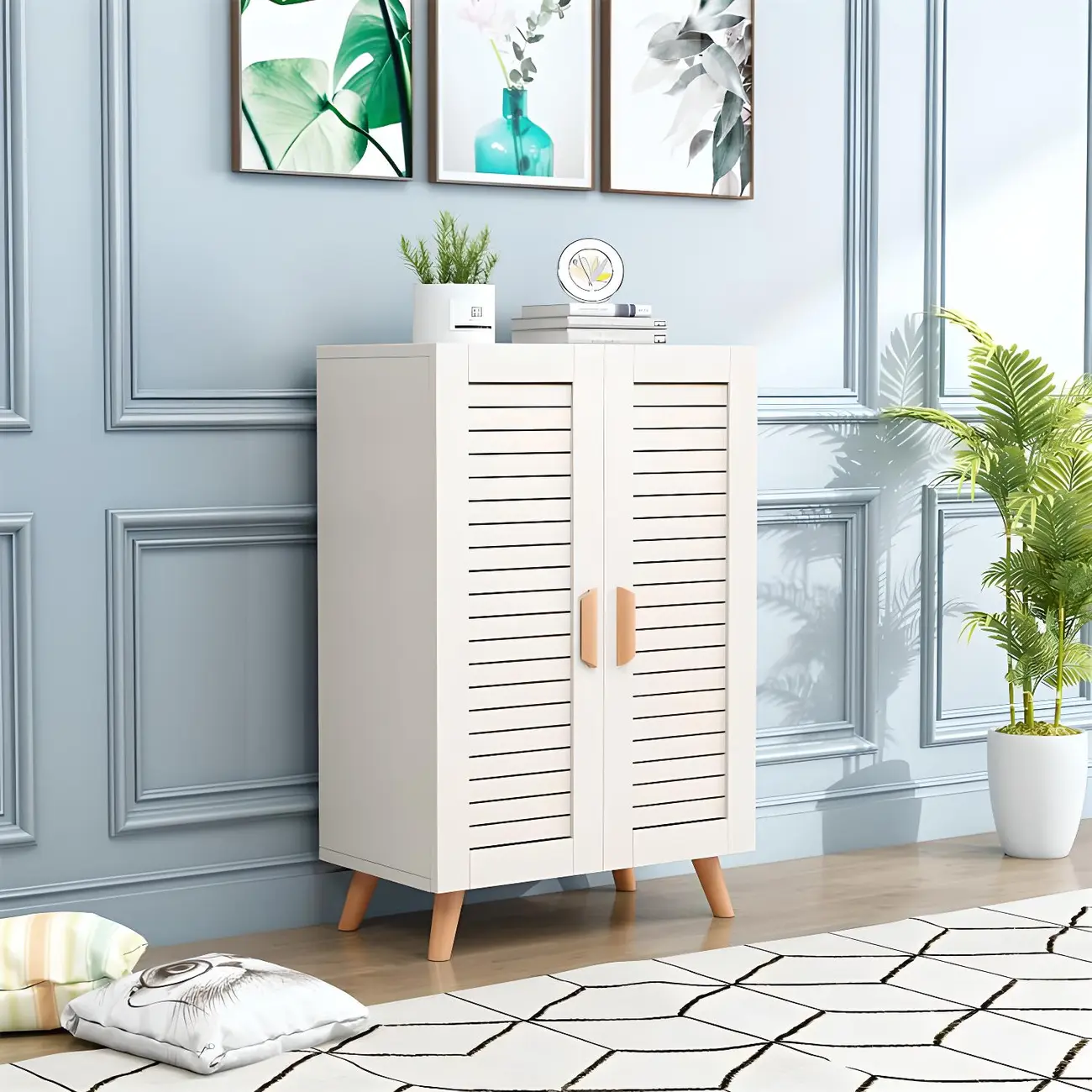 White Louvered Solid Wood Shoe Cabinet for Entryway Image - 4 | homeyfad