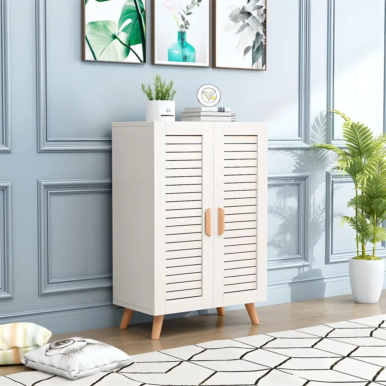 White Louvered Solid Wood Shoe Cabinet for Entryway Image - 4