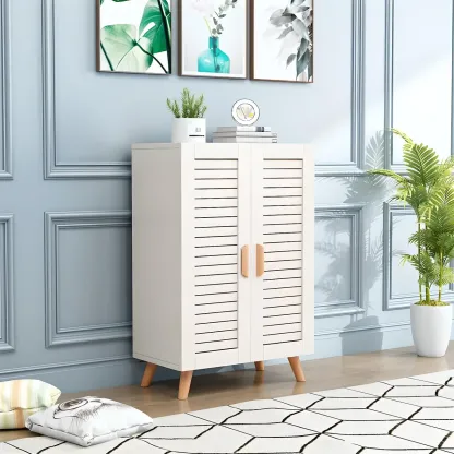 White Louvered Solid Wood Shoe Cabinet for Entryway Image - 4