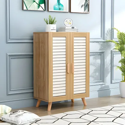 White Louvered Solid Wood Shoe Cabinet for Entryway Image - 5