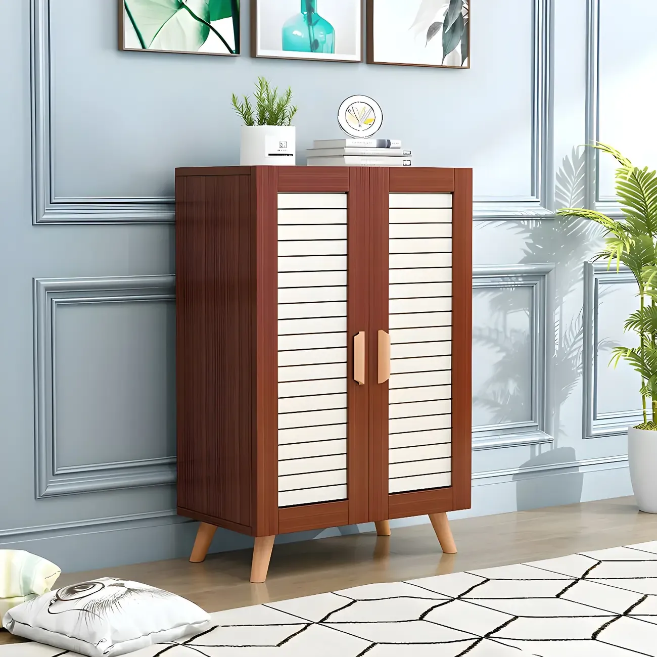 White Louvered Solid Wood Shoe Cabinet for Entryway Image - 7