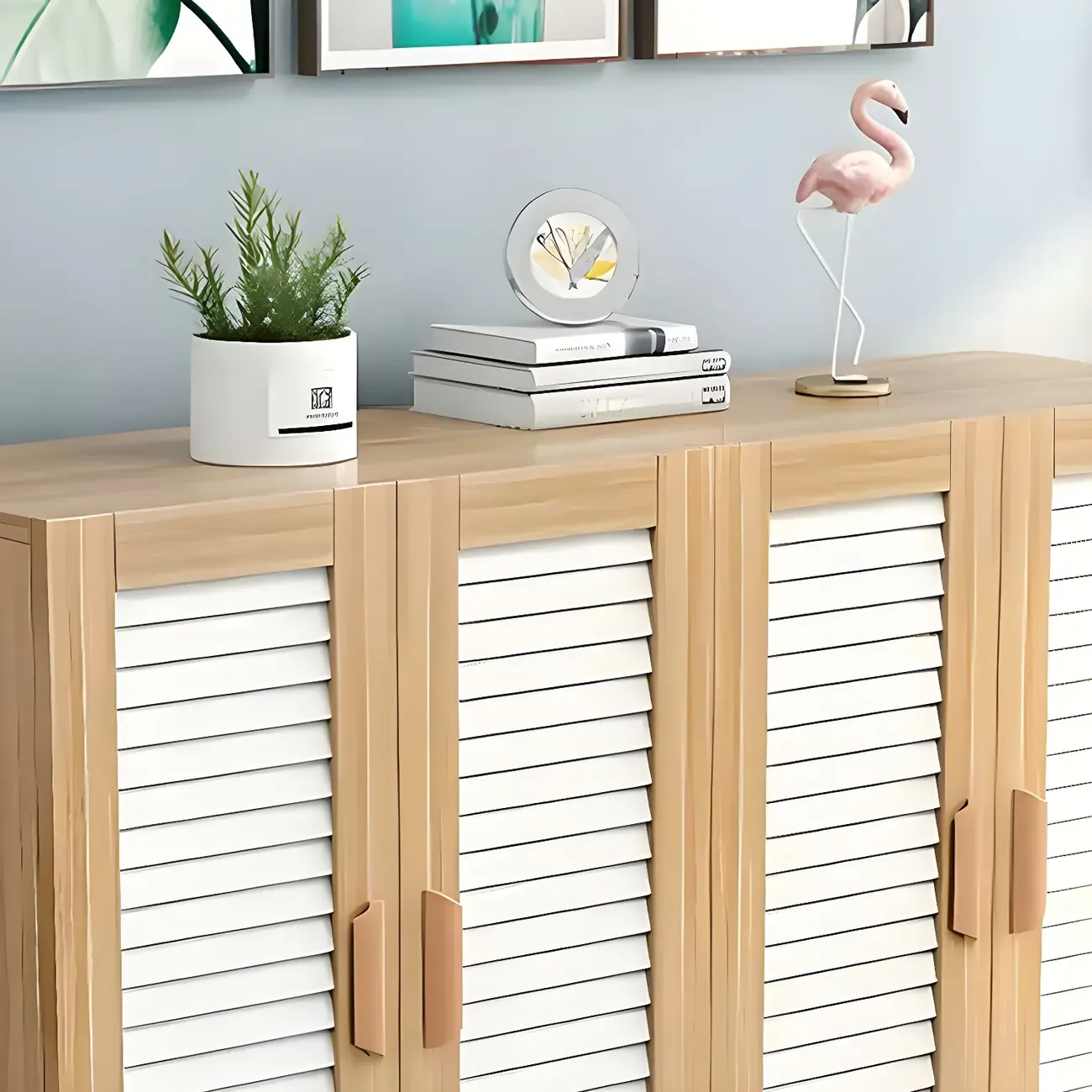 White Louvered Solid Wood Shoe Cabinet for Entryway Image - 8