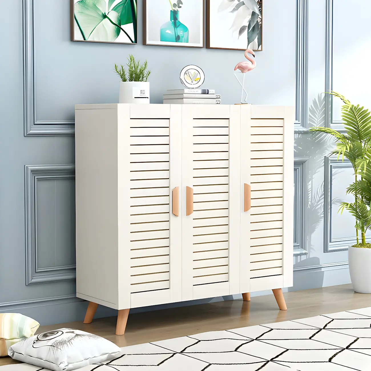 White Louvered Solid Wood Shoe Cabinet for Entryway Image - 2 | homeyfad