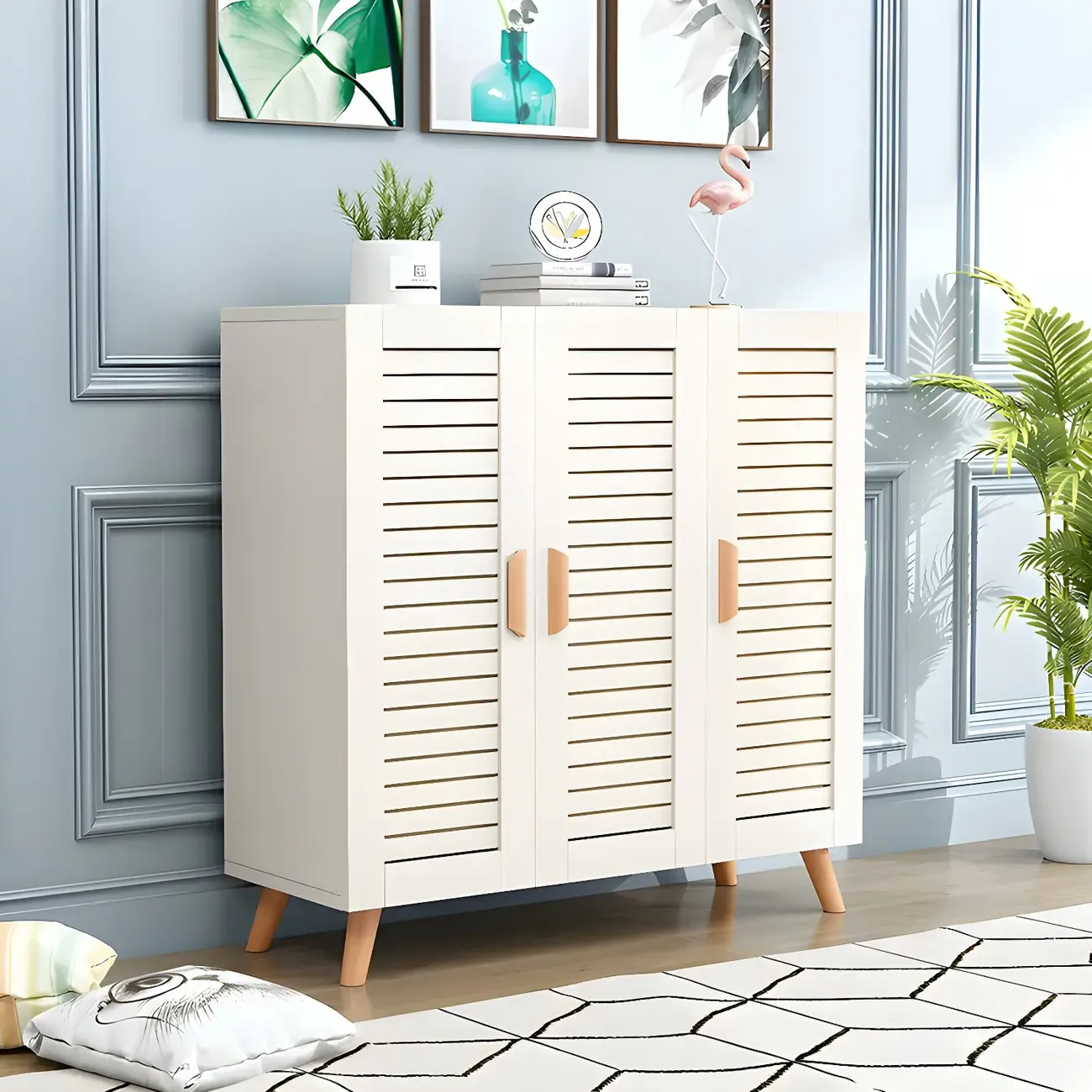 White Louvered Solid Wood Shoe Cabinet for Entryway Image - 2