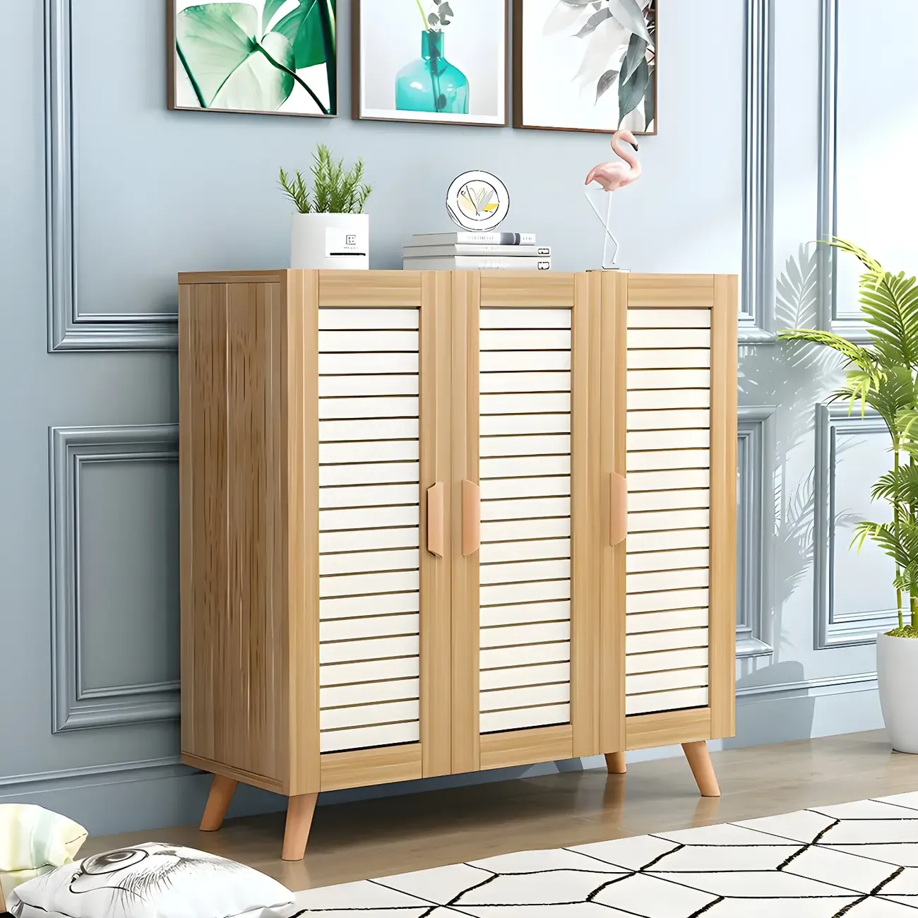 White Louvered Solid Wood Shoe Cabinet for Entryway Image - 3