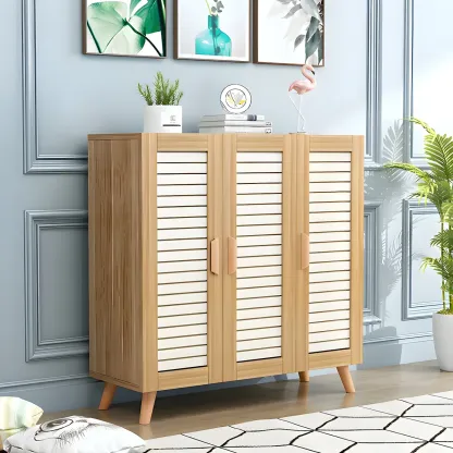 White Louvered Solid Wood Shoe Cabinet for Entryway Image - 3