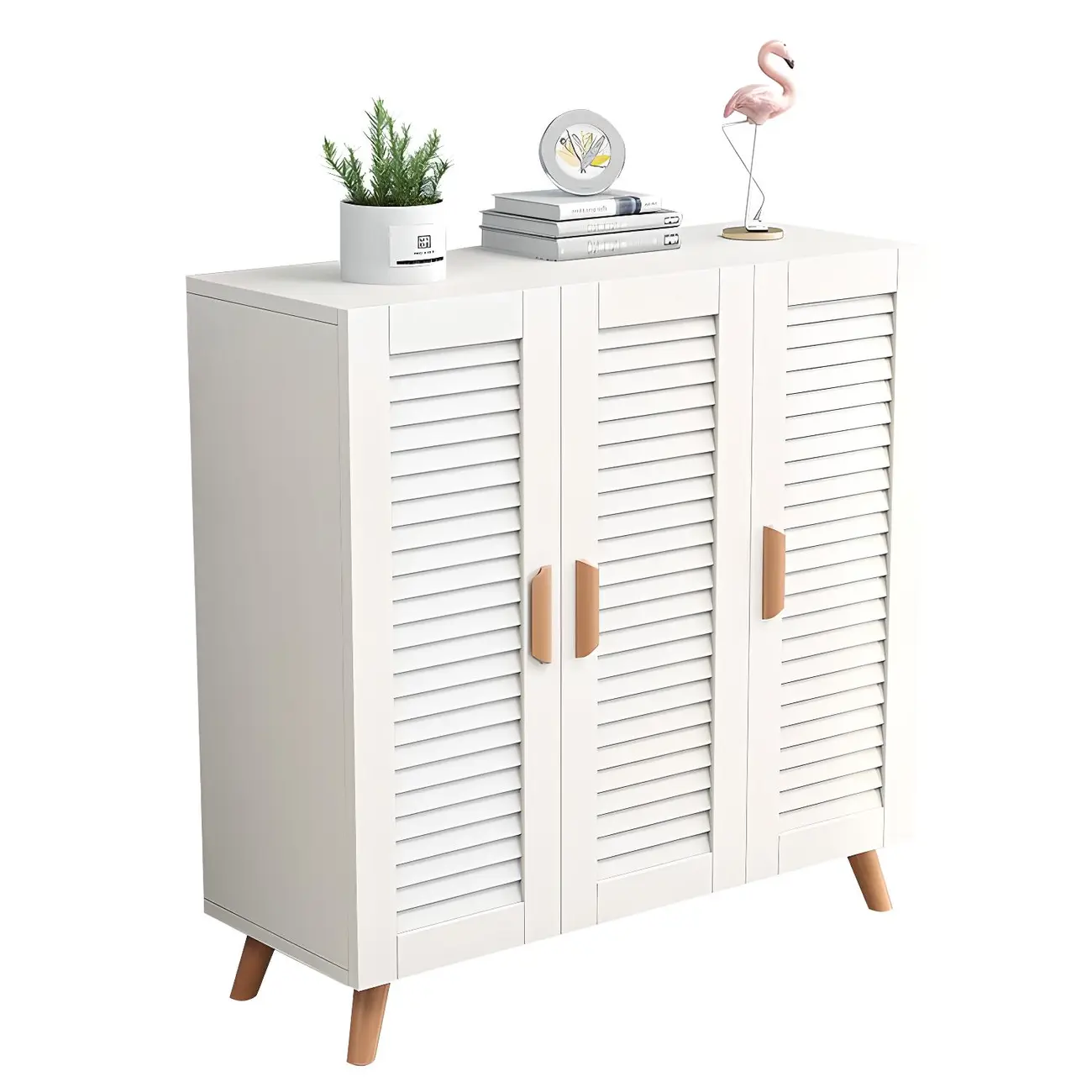 White Louvered Solid Wood Shoe Cabinet for Entryway Image - 10 | homeyfad
