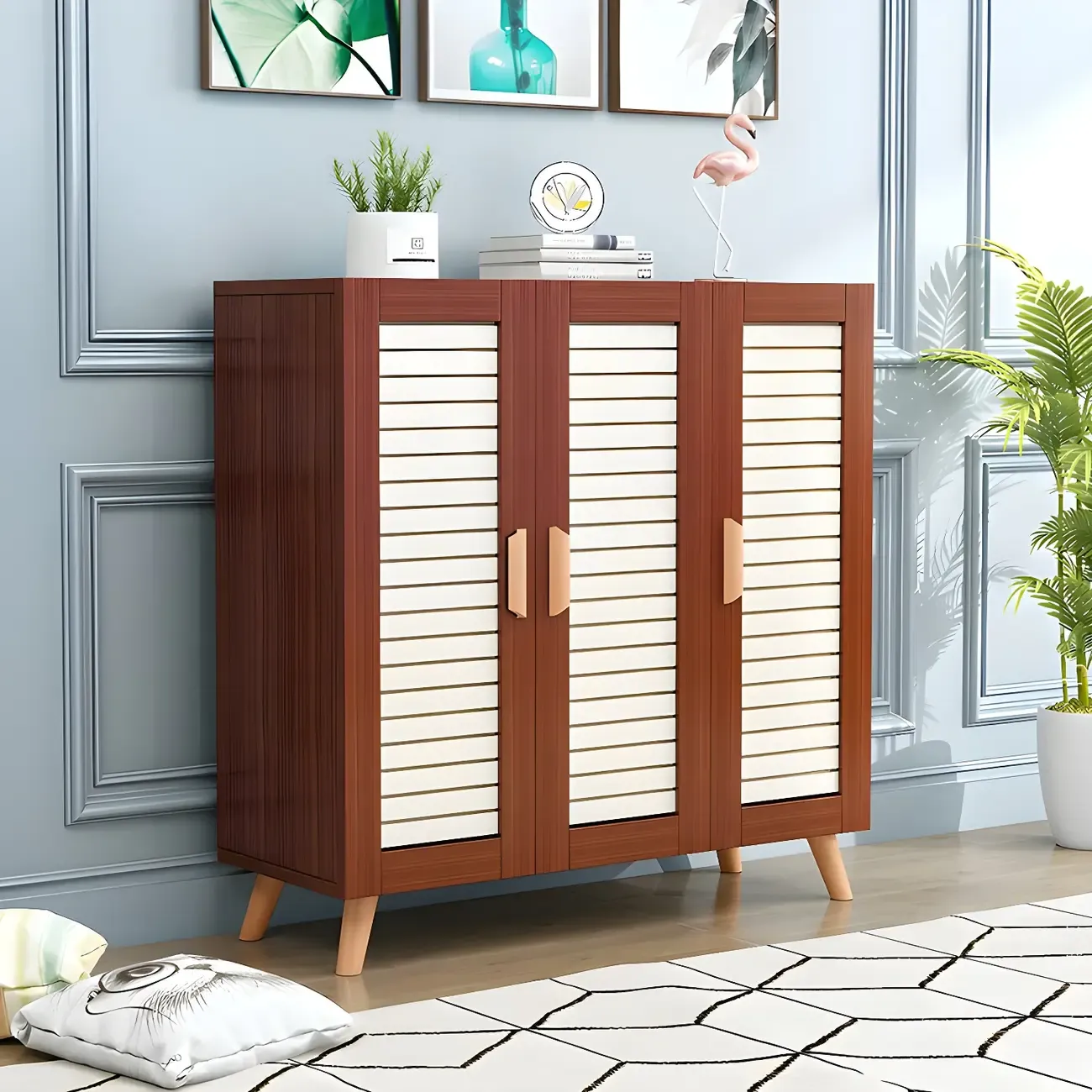 White Louvered Solid Wood Shoe Cabinet for Entryway Image - 11