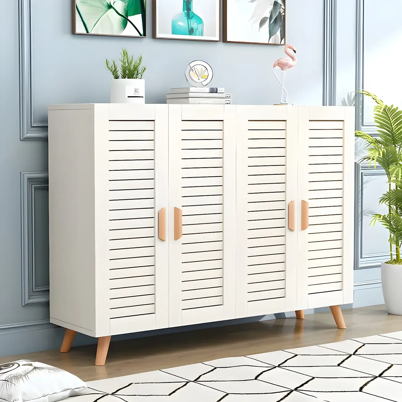 White Louvered Solid Wood Shoe Cabinet for Entryway | HomeyFad