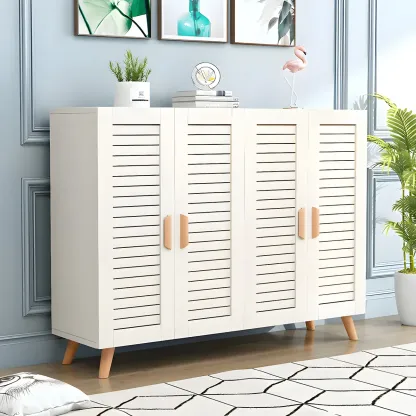 White Louvered Solid Wood Shoe Cabinet for Entryway Image - 12