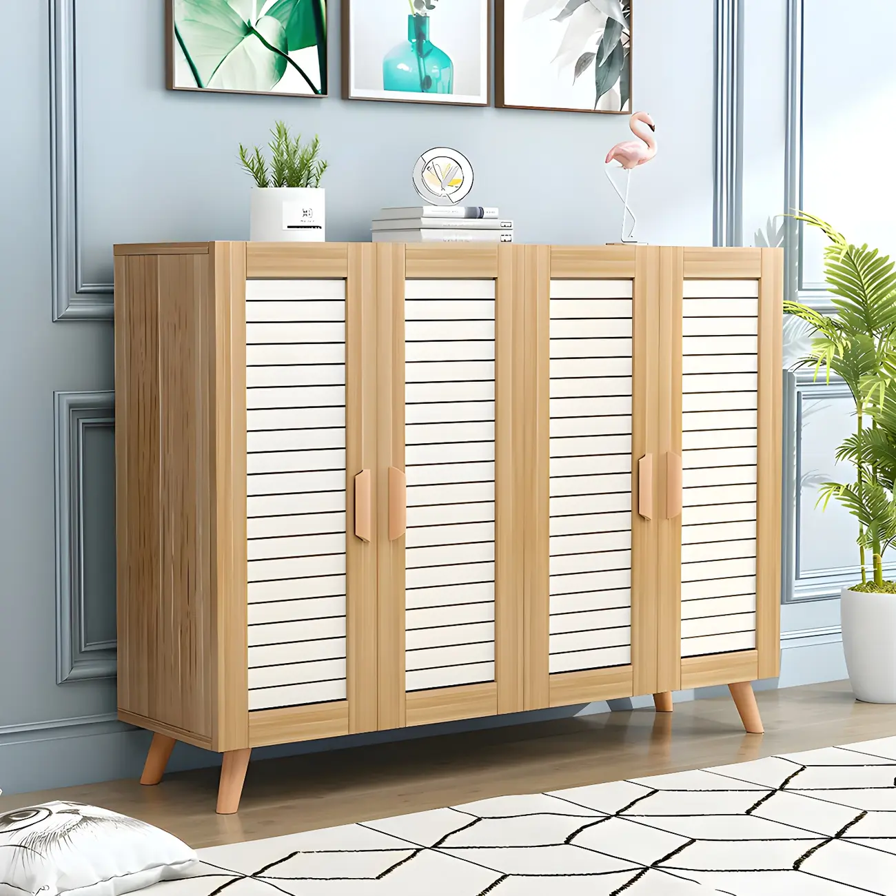 White Louvered Solid Wood Shoe Cabinet for Entryway Image - 13 | homeyfad