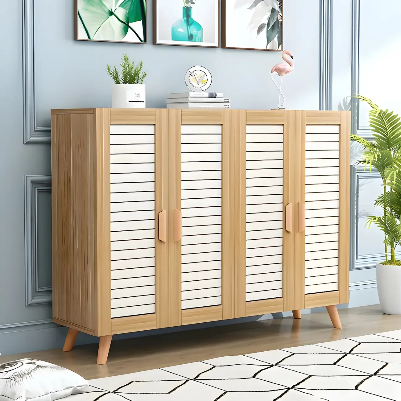 White Louvered Solid Wood Shoe Cabinet for Entryway Image - 13