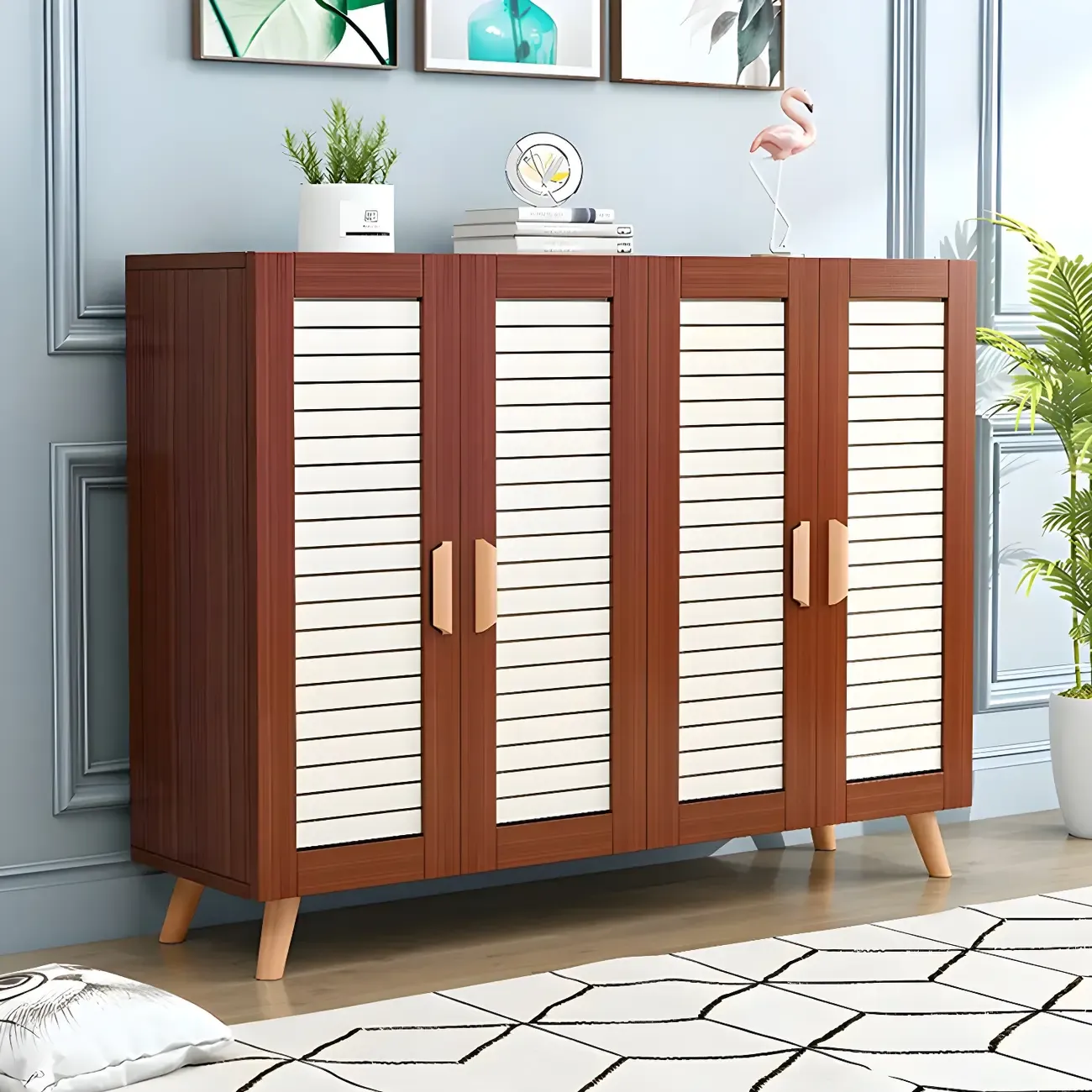 White Louvered Solid Wood Shoe Cabinet for Entryway Image - 14