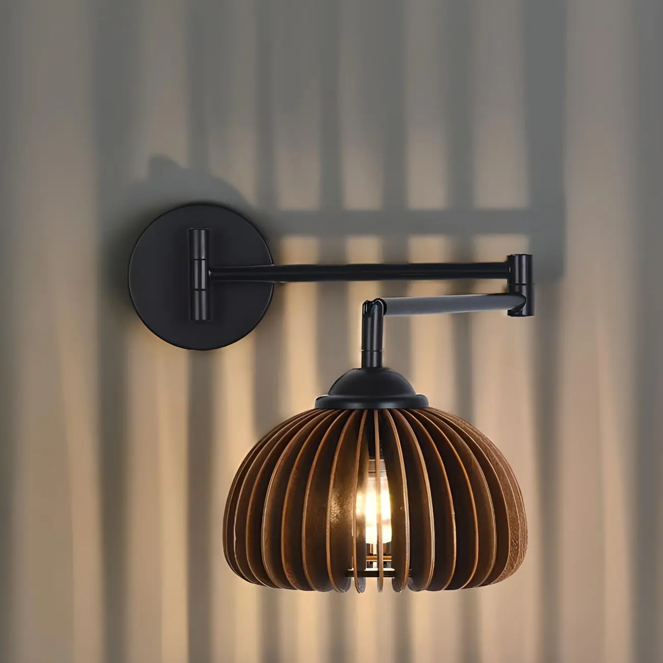 Vintage Walnut Swing Arm Wall Light with Wooden Shade | homeyfad