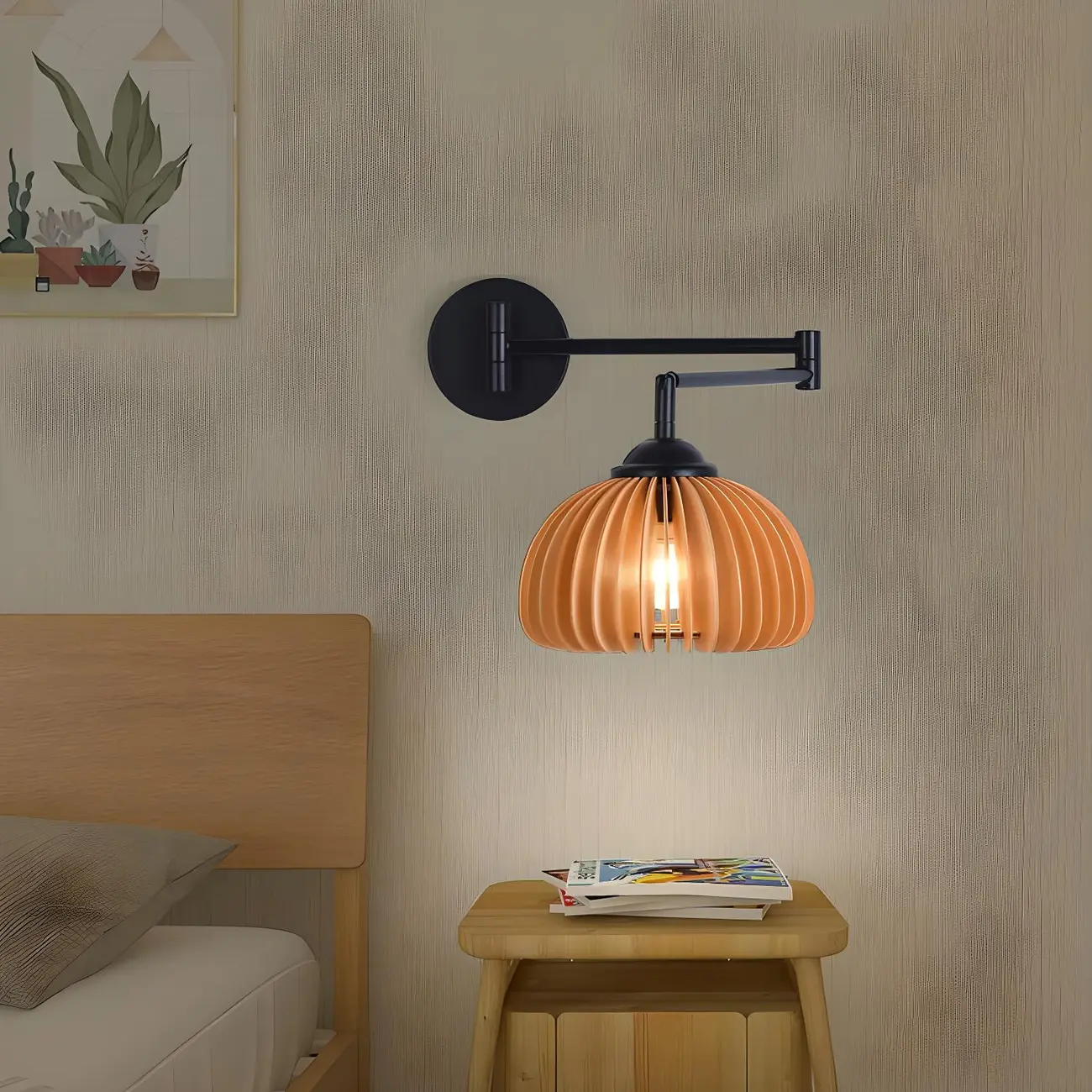 Vintage Walnut Swing Arm Wall Light with Wooden Shade | homeyfad