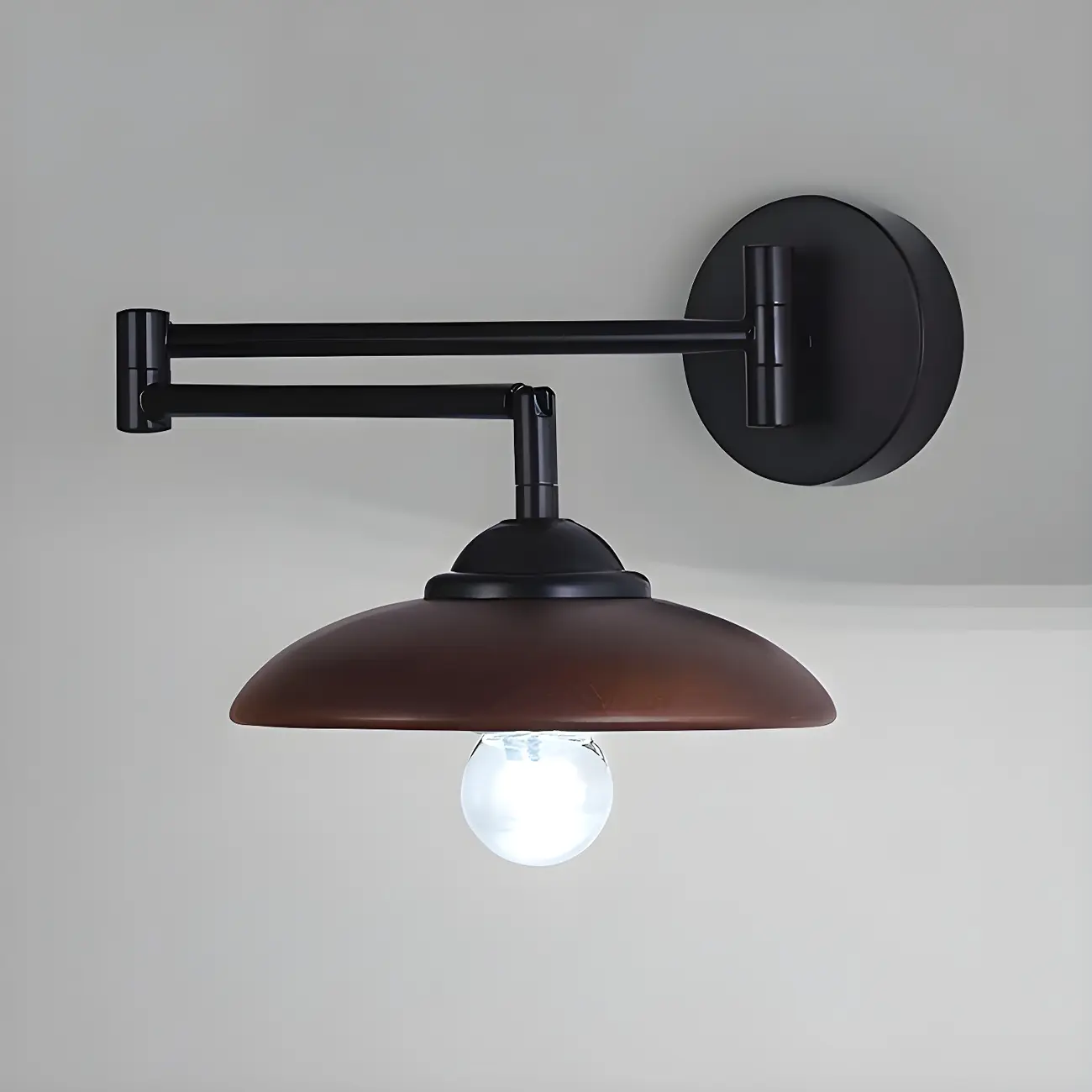 Vintage Walnut Swing Arm Wall Light with Wooden Shade | homeyfad