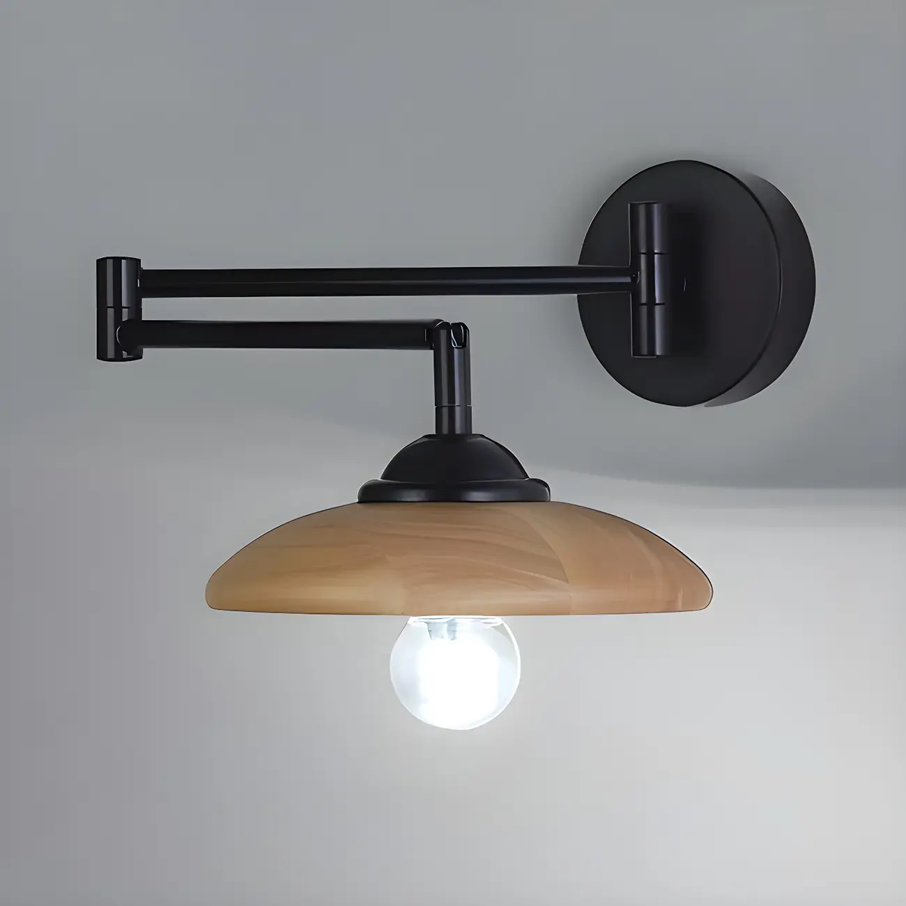 Vintage Walnut Swing Arm Wall Light with Wooden Shade | homeyfad