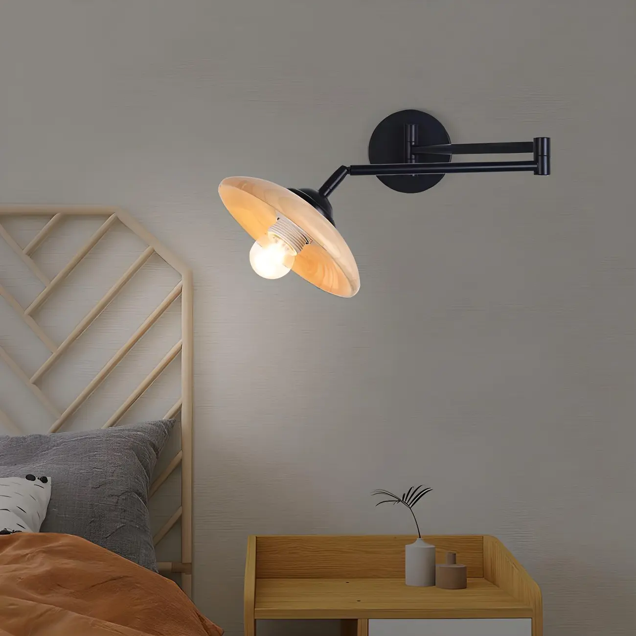 Vintage Walnut Swing Arm Wall Light with Wooden Shade | homeyfad