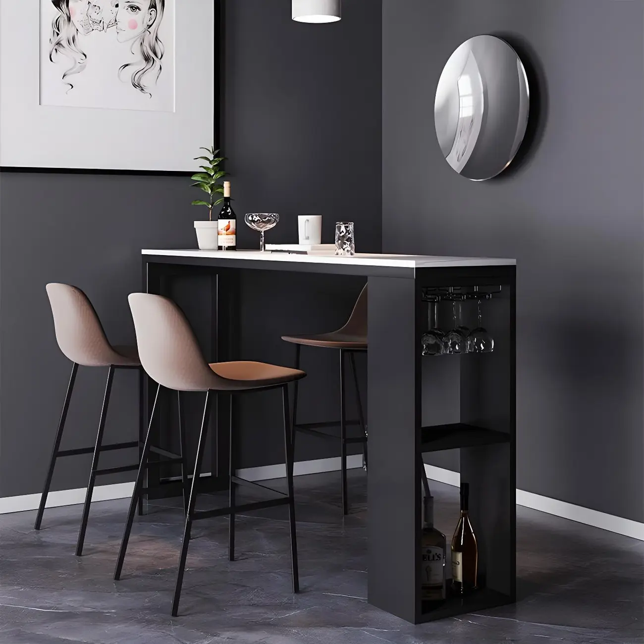 Modern Stone Top Metal Shelves Bar Table with Cup Holder Image - 3 | homeyfad