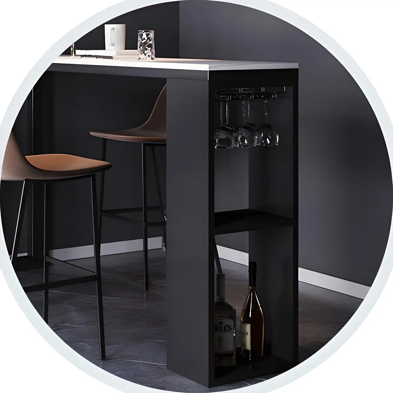 Modern Stone Top Metal Shelves Bar Table with Cup Holder Image - 6 | homeyfad