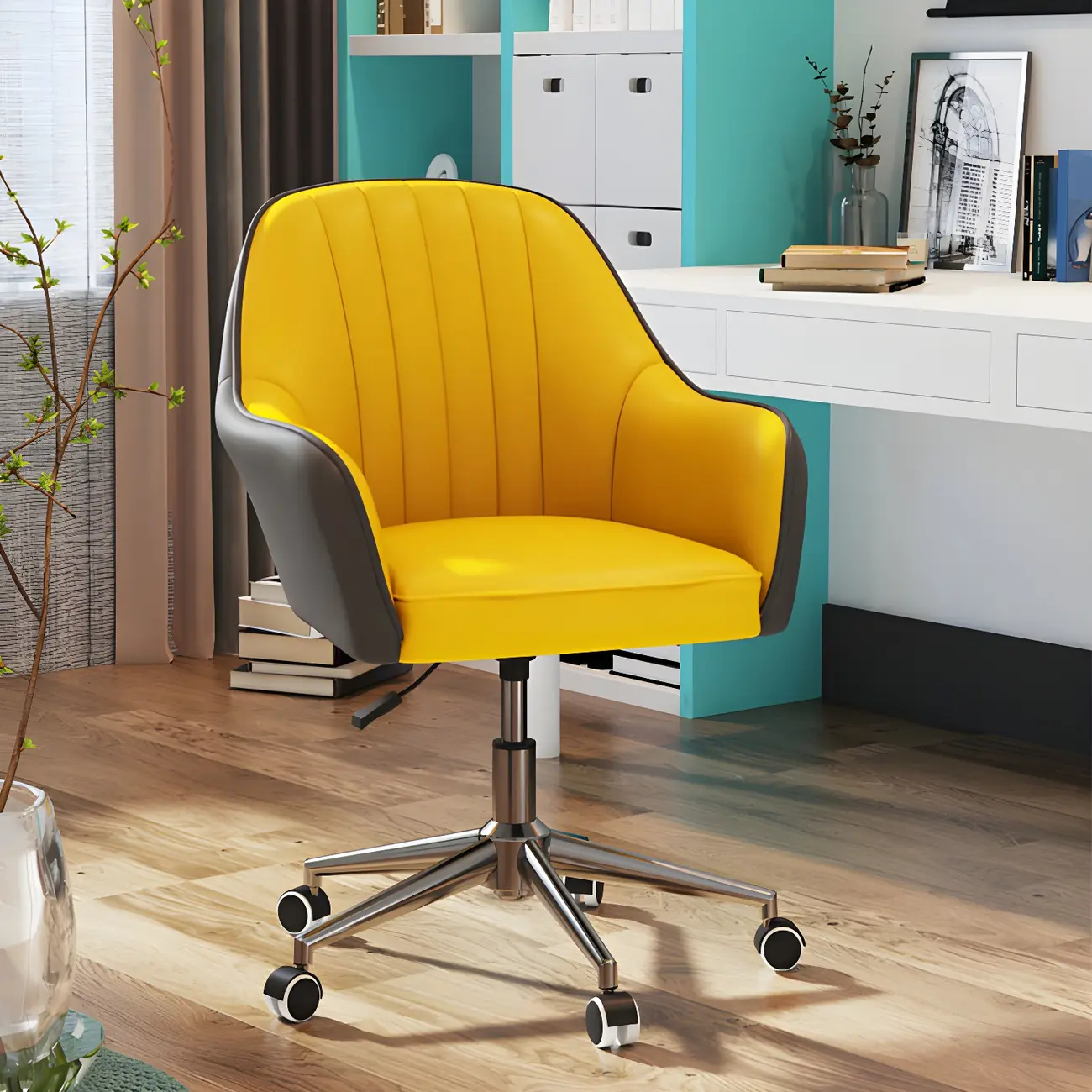 Modern Yellow Leather Upholstered Adjustable Swivel Office Chair Image - 14 | homeyfad