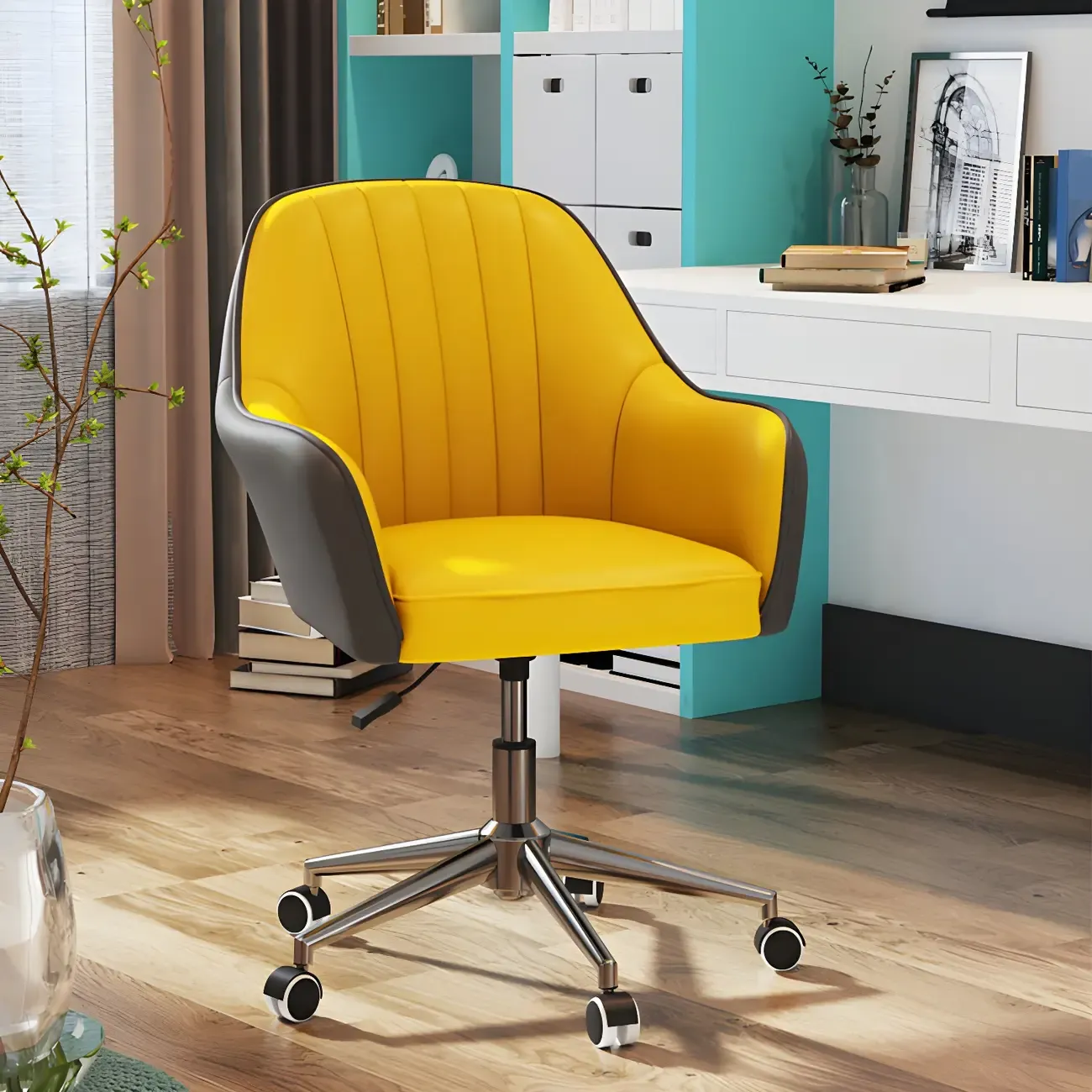 Modern Yellow Leather Upholstered Adjustable Swivel Office Chair Image - 14