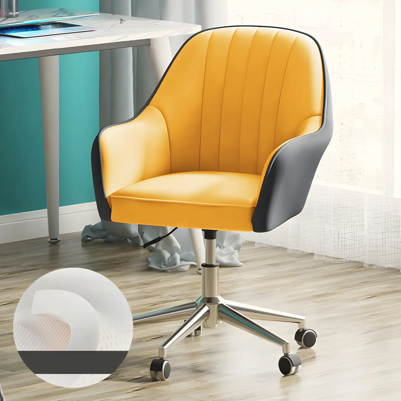Modern Yellow Leather Upholstered Adjustable Swivel Office Chair Image - 15 | homeyfad