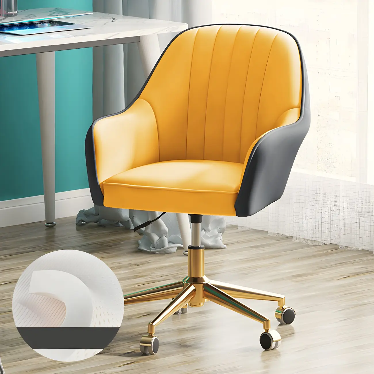 Modern Yellow Leather Upholstered Adjustable Swivel Office Chair Image - 20 | homeyfad