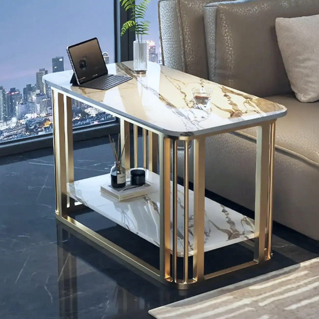 Luxury Rectangular Gold 2-Tier Coffee Table with Stone Top Image - 1 | homeyfad