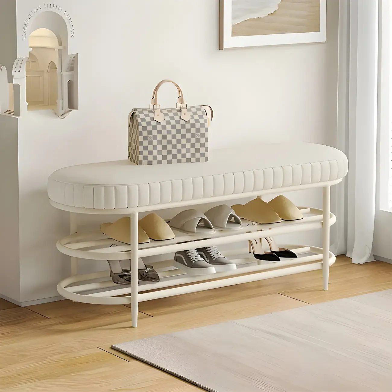 Elegant Oval Metal Cushioned Shoe Rack Bench Image - 2