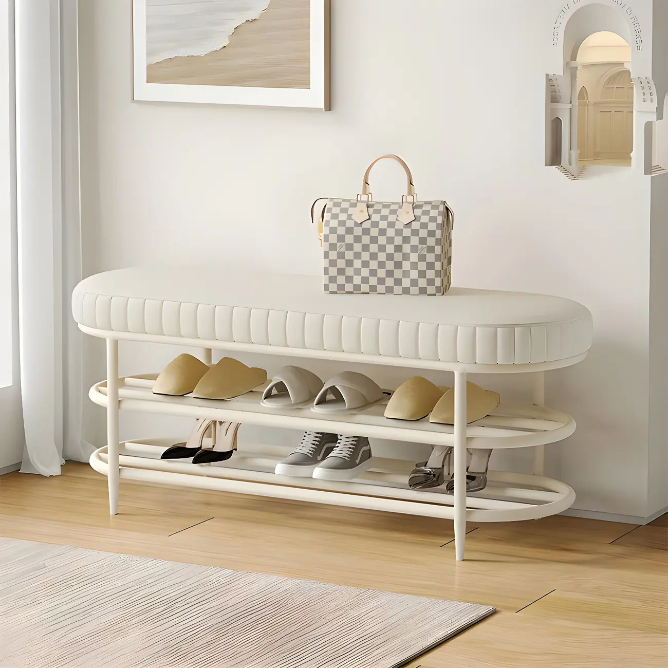 Elegant Oval Metal Cushioned Shoe Rack Bench Image - 6 | homeyfad