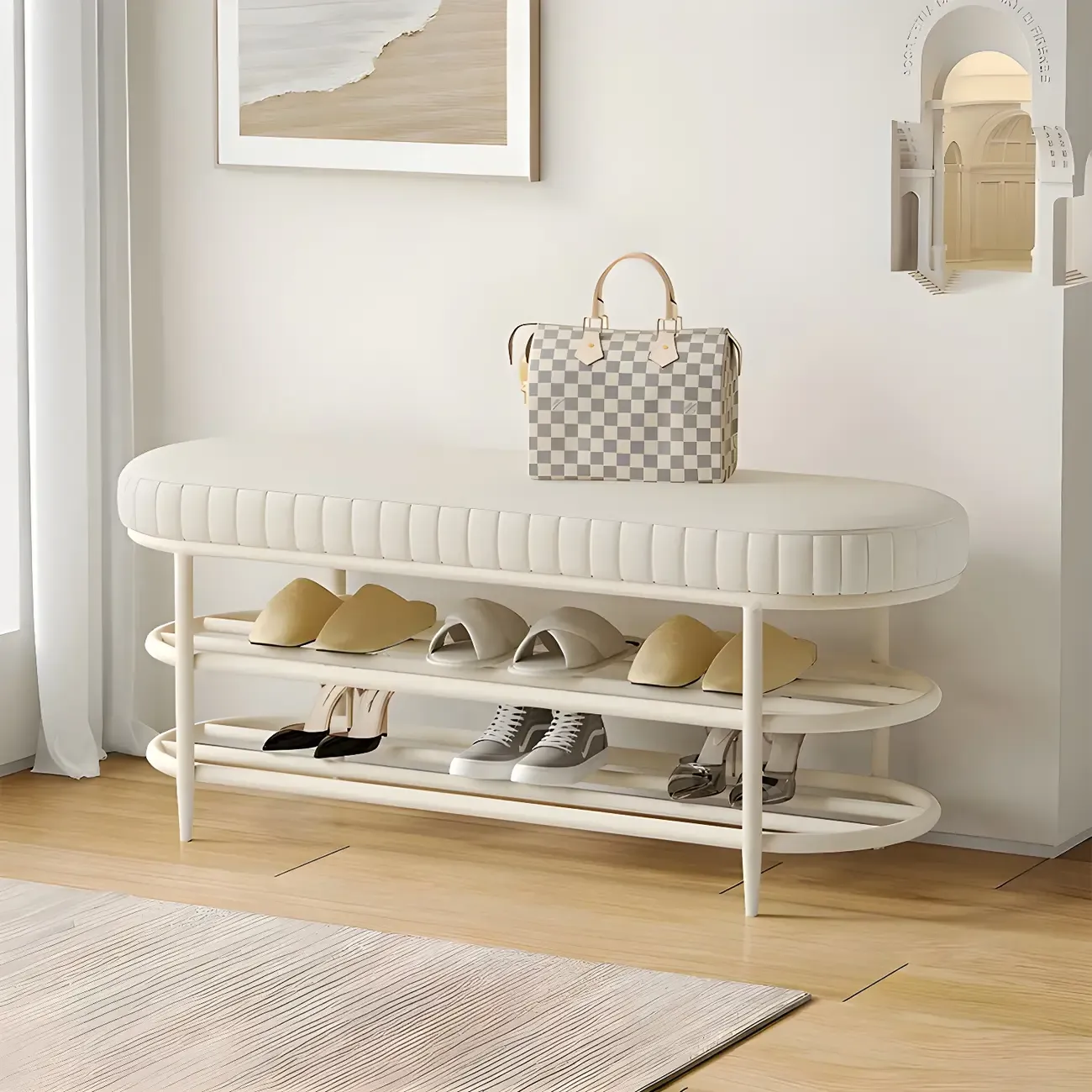 Elegant Oval Metal Cushioned Shoe Rack Bench Image - 6