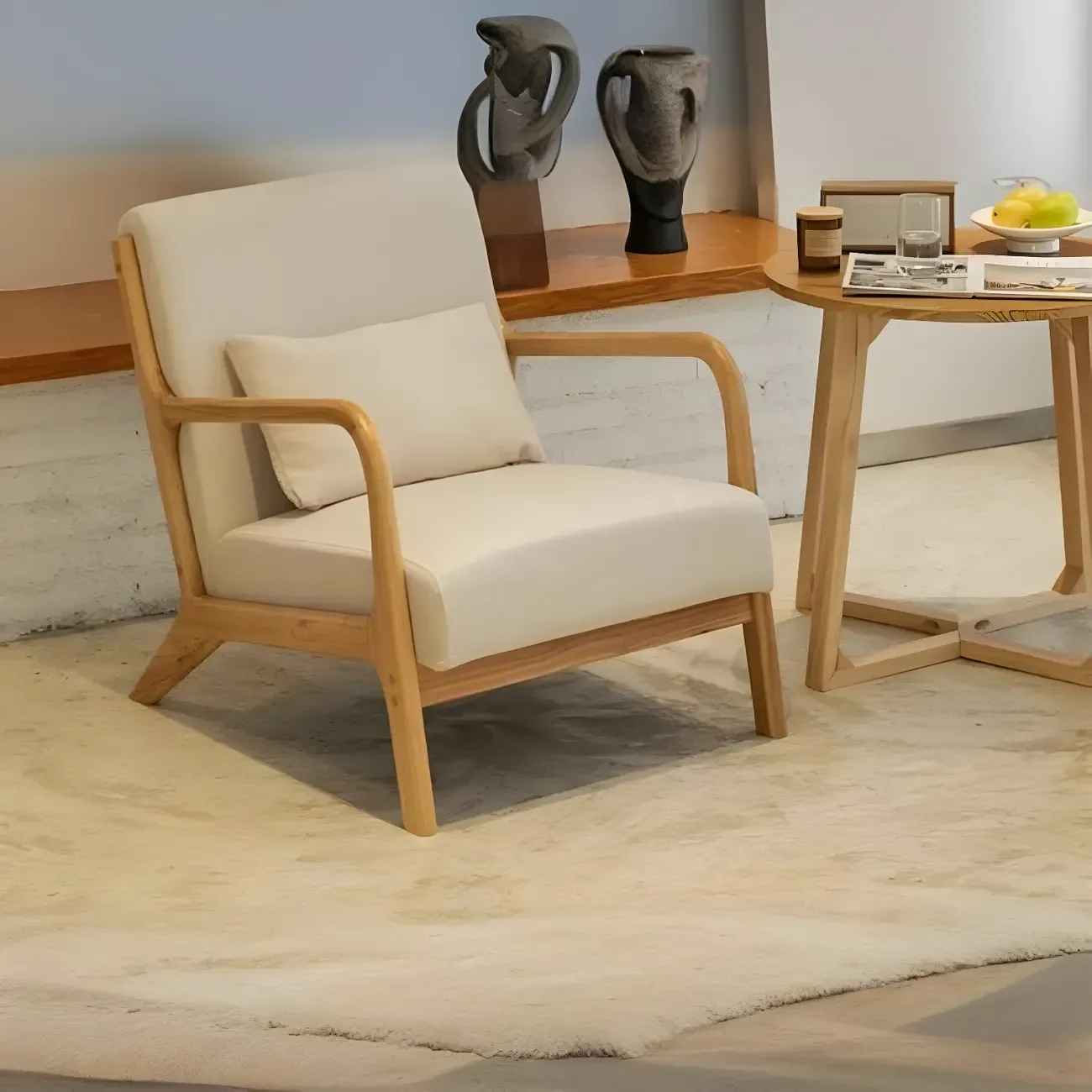 Minimalist Fabric Accent Chair with Wooden Arms for Living Room Image - 4