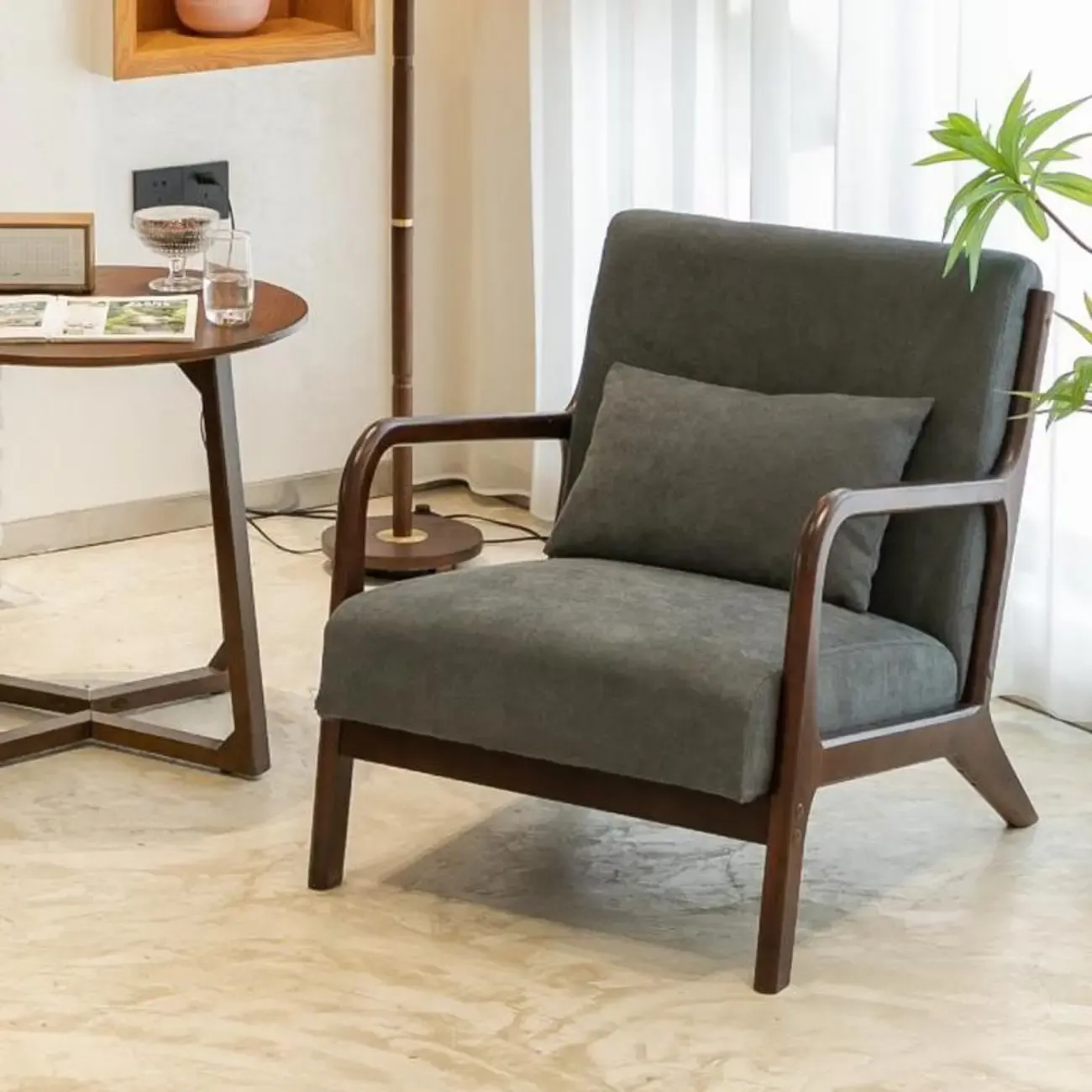 Minimalist Fabric Accent Chair with Wooden Arms for Living Room Image - 5