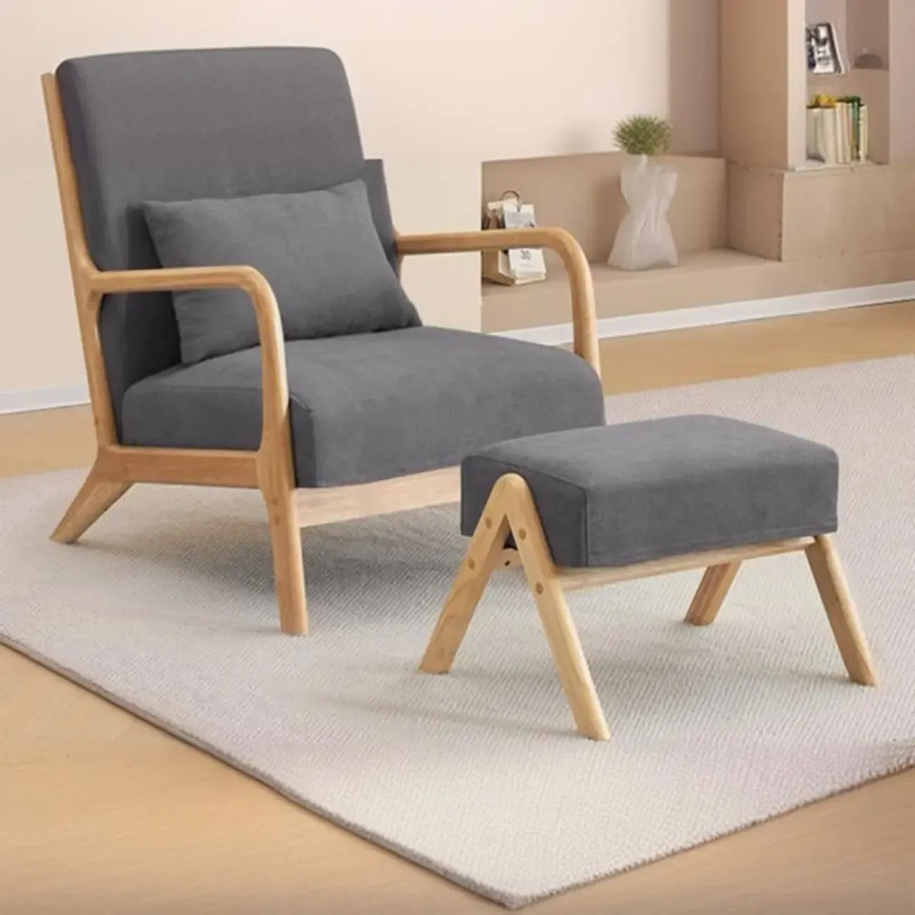 Minimalist Fabric Accent Chair with Wooden Arms for Living Room Image - 3