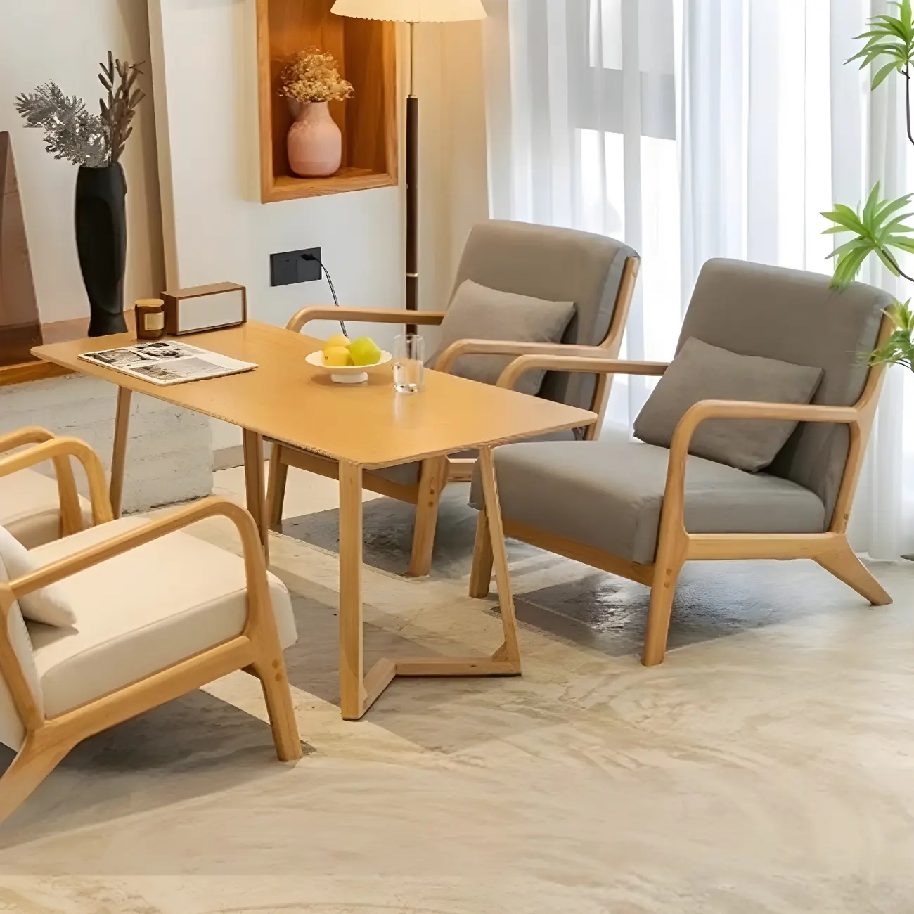 Minimalist Fabric Accent Chair with Wooden Arms for Living Room Image - 6 | homeyfad
