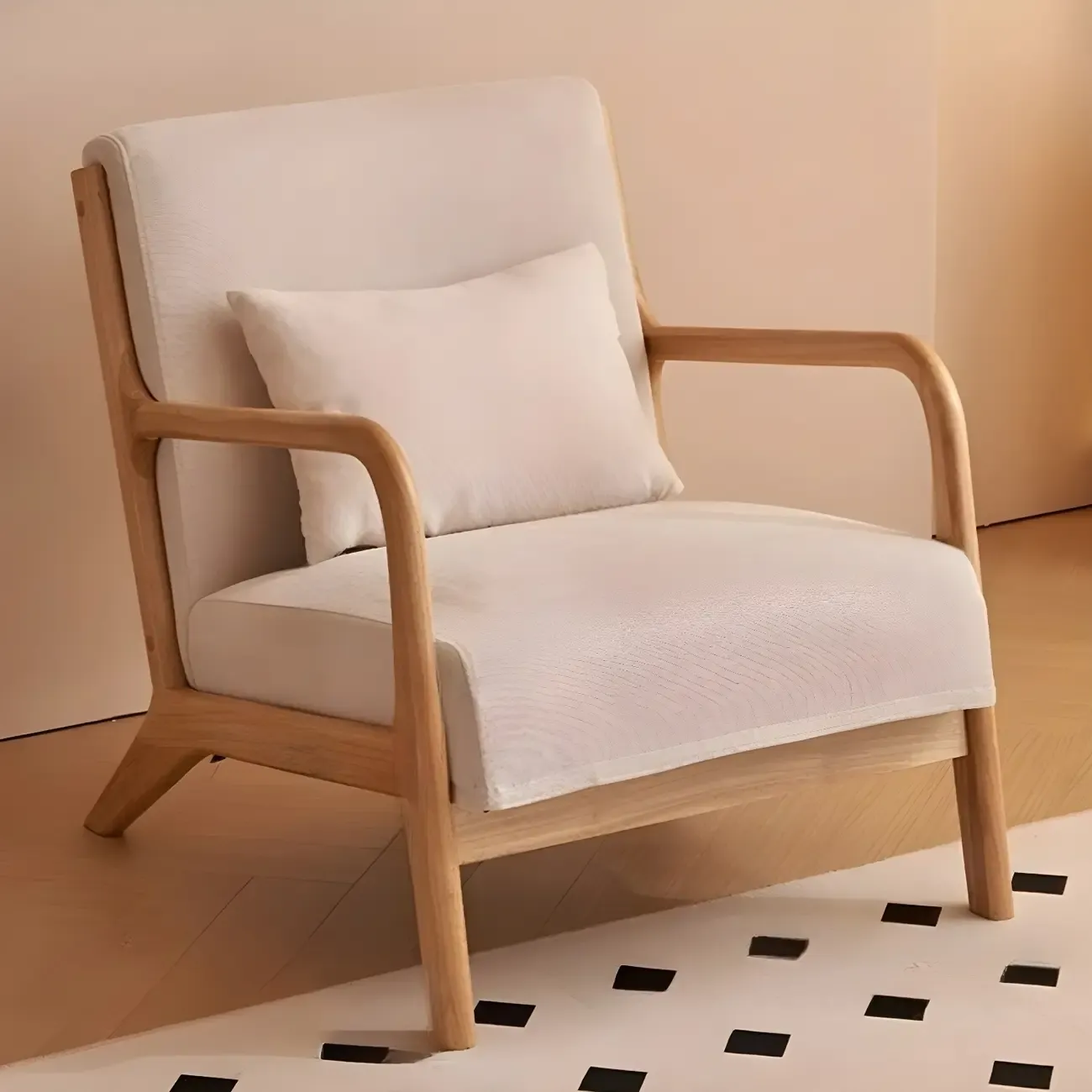 Minimalist Fabric Accent Chair with Wooden Arms for Living Room Image - 7