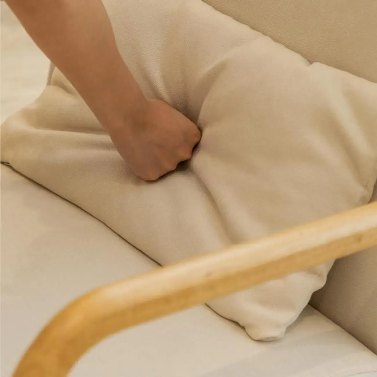 Minimalist Fabric Accent Chair with Wooden Arms for Living Room Image - 8