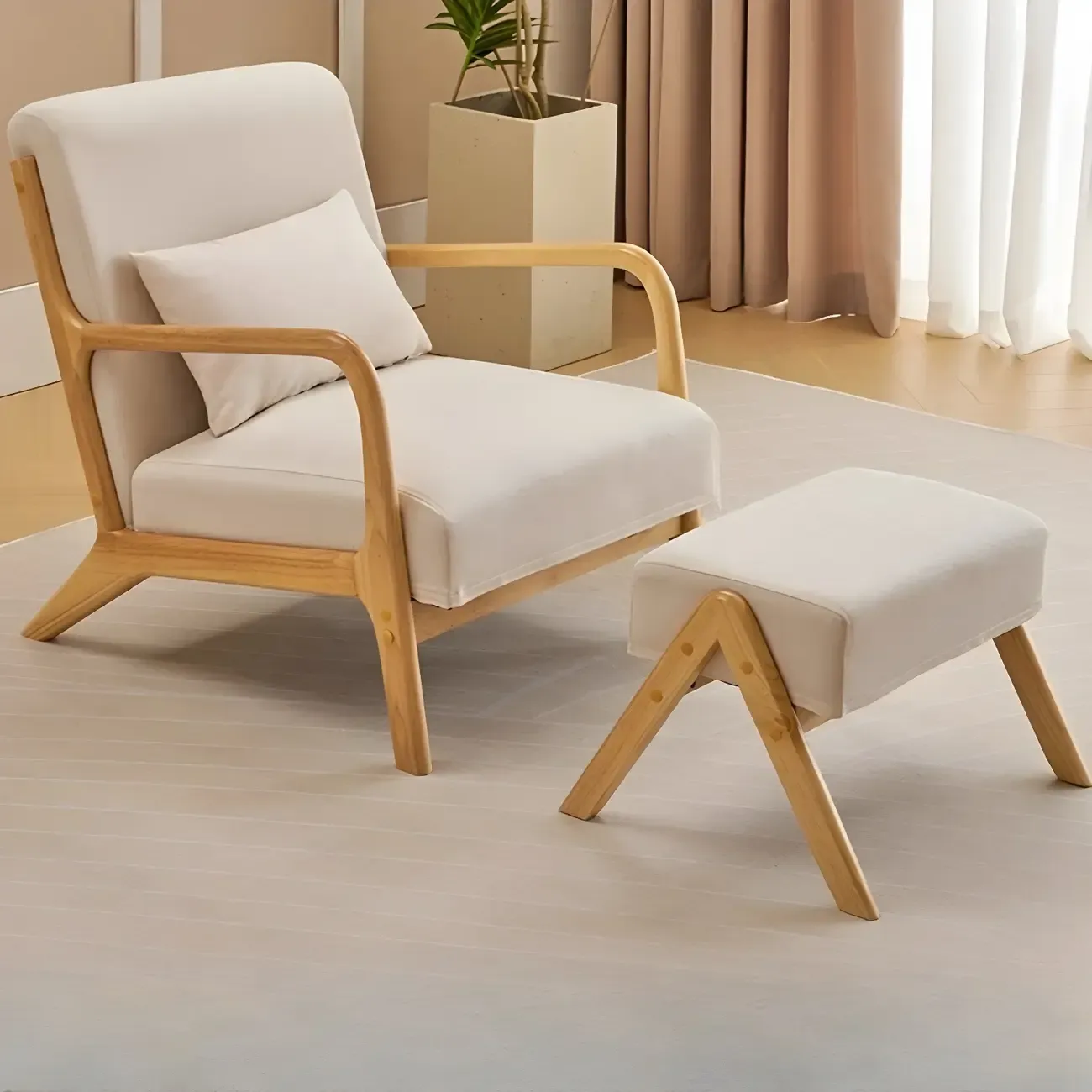 Minimalist Fabric Accent Chair with Wooden Arms for Living Room Image - 2
