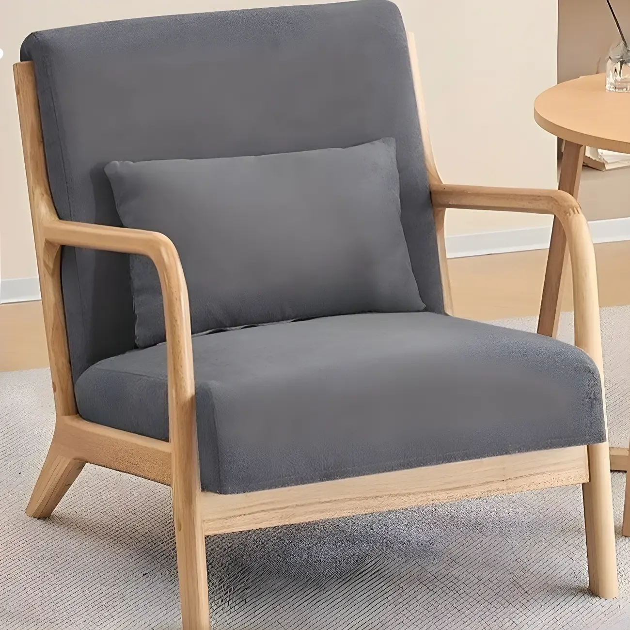 Minimalist Fabric Accent Chair with Wooden Arms for Living Room Image - 10