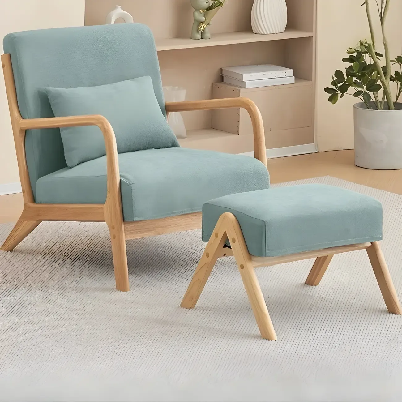 Minimalist Fabric Accent Chair with Wooden Arms for Living Room Image - 1