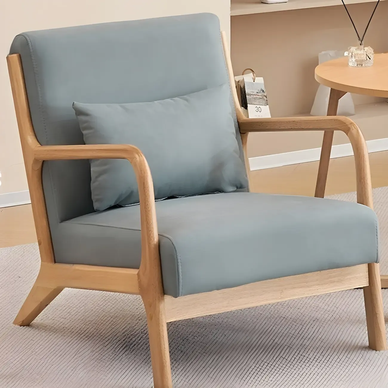 Minimalist Fabric Accent Chair with Wooden Arms for Living Room Image - 13