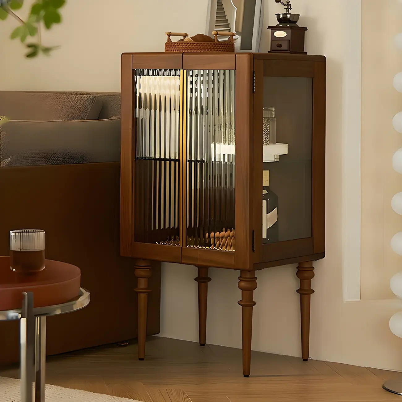 Mid-Century Modern Leggy Brown Wooden Glass Storage Cabinet Image - 2 | homeyfad