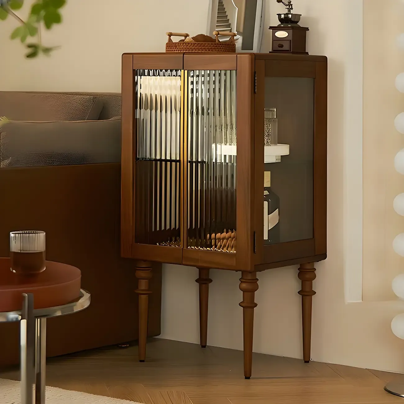 Mid-Century Modern Leggy Brown Wooden Glass Storage Cabinet Image - 2