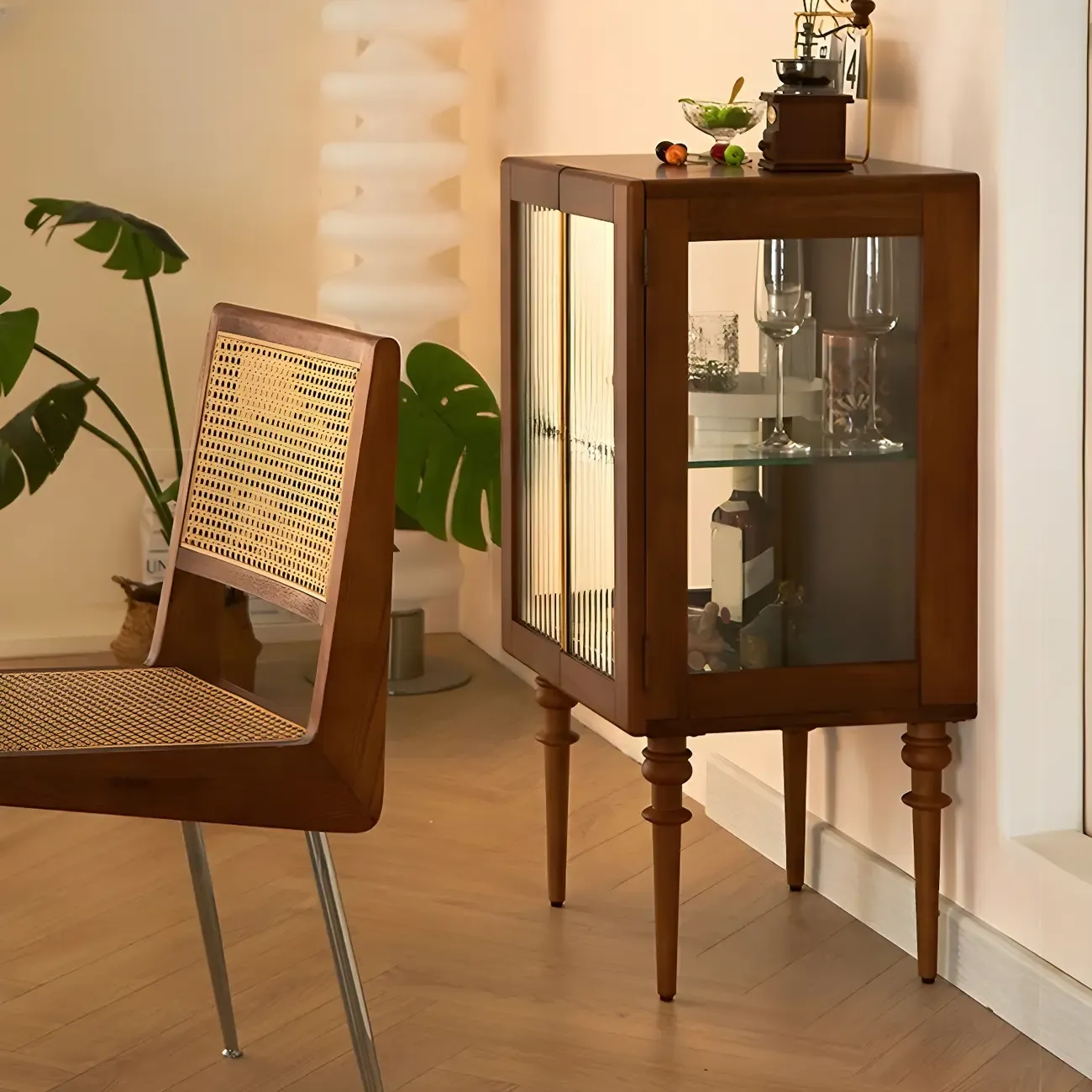 Mid-Century Modern Leggy Brown Wooden Glass Storage Cabinet Image - 5